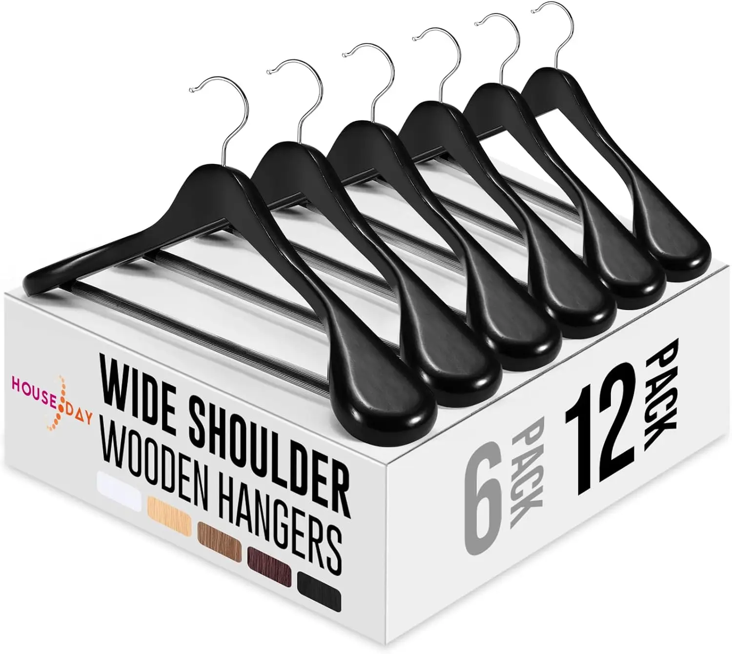 

Solid Wood Hangers 12 Pack with Non Slip Pants Bar, Heavy Duty Suit Hangers for Jackets, Coats, Dresses, Black