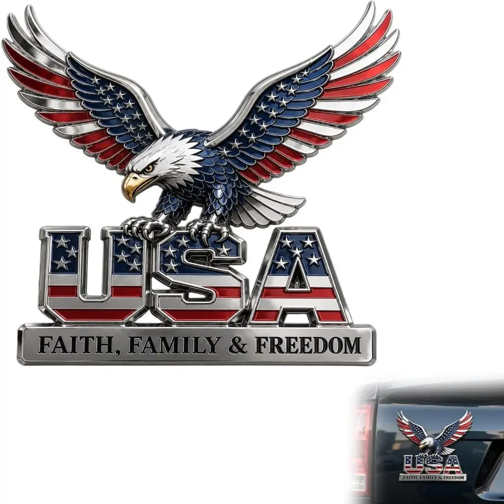 3D Raised Metal Design USA Faith Family Emblem American Eagle & US Flag Pattern Faith Family Freedom Slogan Auto Badge