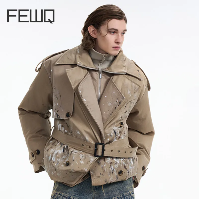 FEWQ Spring Men's Windbreakers Hand-painted Graffiti Fake Two-piece Double Breasted Belt Thick Contras Color Male Trench 24K1036