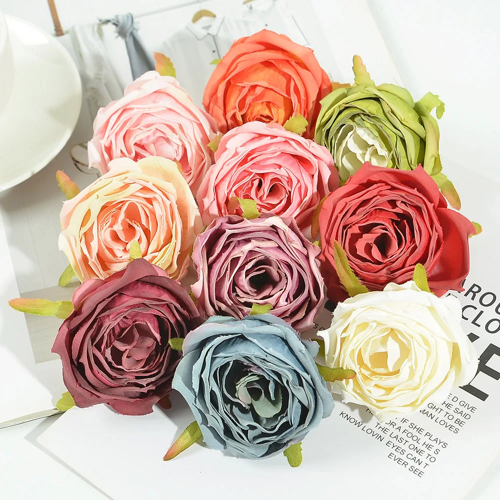 10Pcs Artificial Flowers Silk Tea Buds Roses Heads for Wedding Decorative Wreaths Christmas Decoration Home Diy Gift Fake Flower