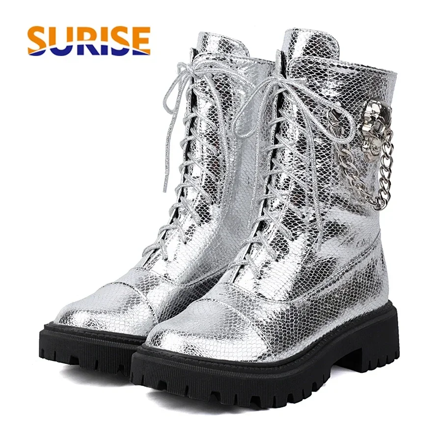 Silver Skull Chain Platform Ankle Boots Women Medium Thick Heels Gold Bling Party Cosplay Punk Lady Vintage Lace-up Short Boots