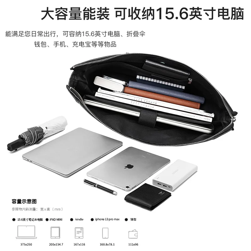 حقيبة أفقية للرجال سعة كبيرة من الجلد الطبيعي حقيبة كمبيوتر للأعمال باللون الأسود حقيبة يد عصرية راقية للرجال #3