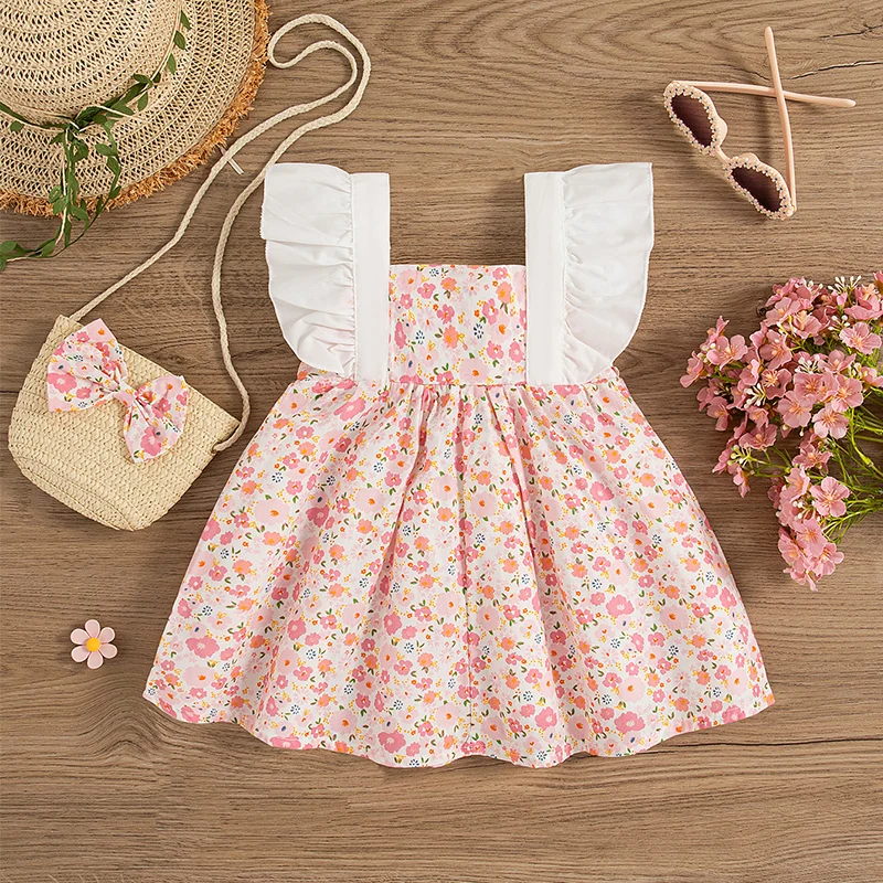 New Summer Floral Baby Girl Dress From 9 Months To 3 Years Old, Cute Bow Children\'S Sleeveless Clothes With Free Bag