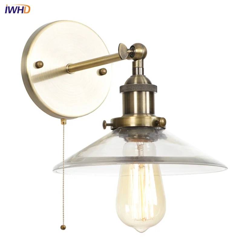 IWHD Iron Industrial Simple LED Wall Lamp Kitchen Restaurant Hallway Indoor Home Decor Pull Chain Switch Stair Lights Lamparas