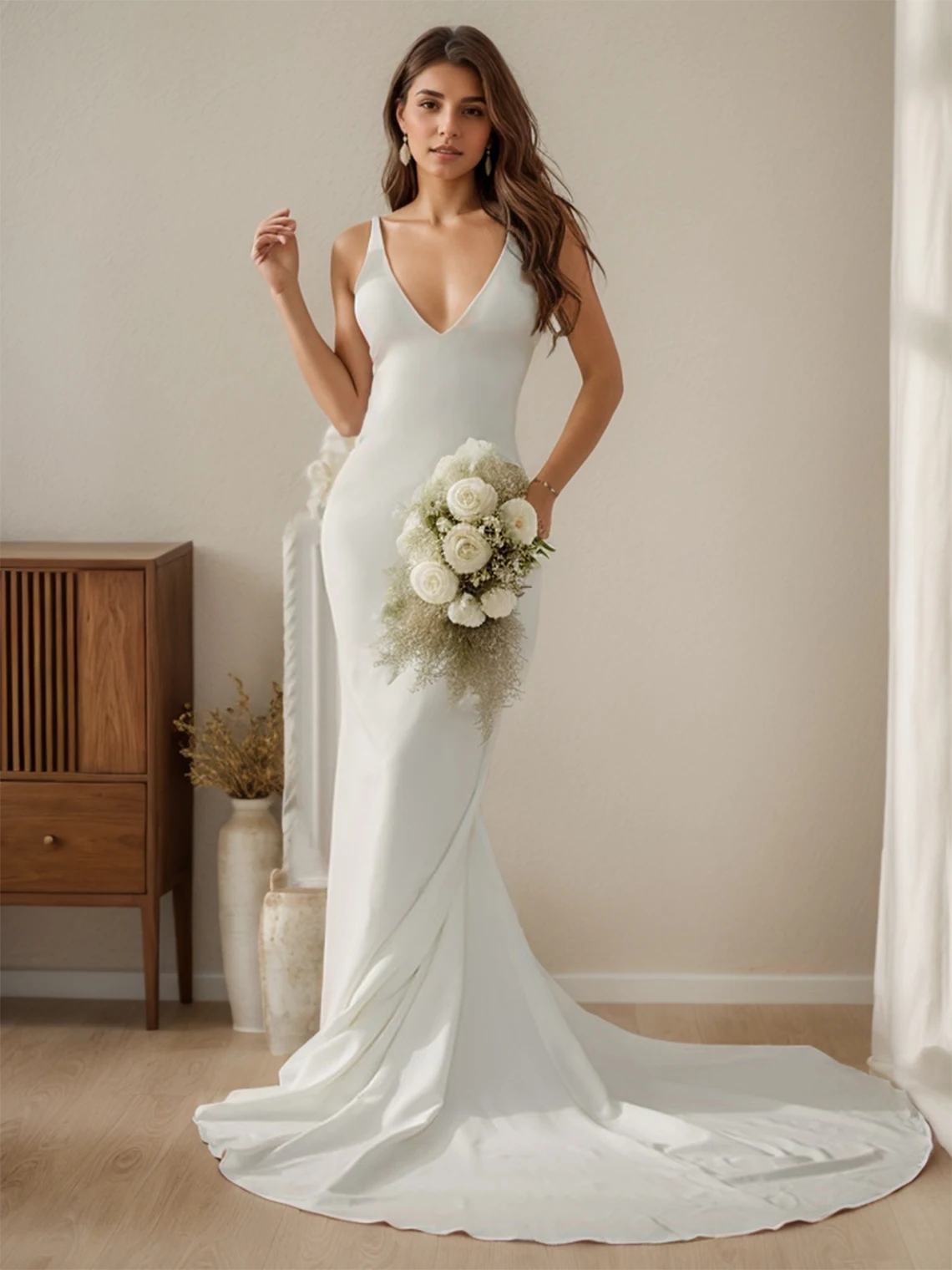 

Elegant Mermaid Wedding Dress V Neck Court Train Sleeveless Stretch Fabric Solid Color Beach Bridal Gown 2025 Free Customized