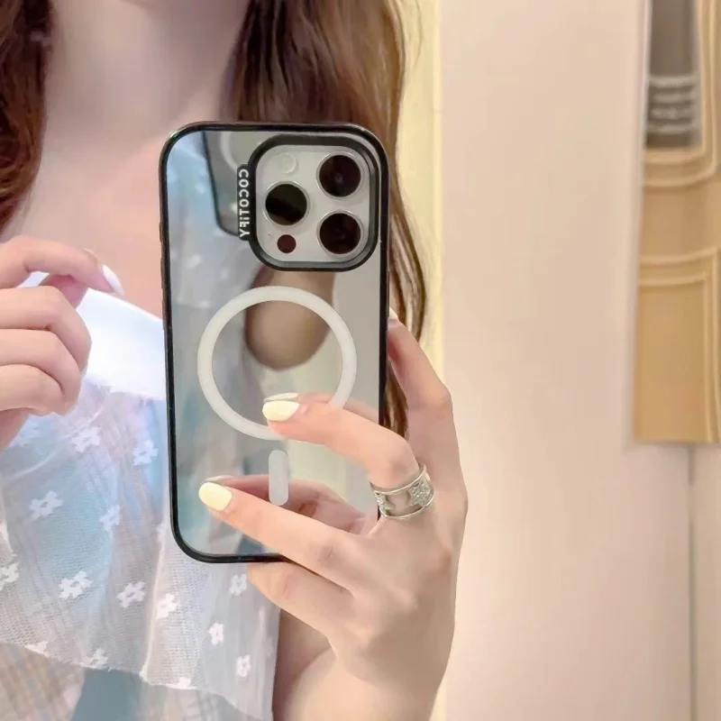 Funda de teléfono de maquillaje con espejo acrílico de lujo para iPhone 16 15 14 13 12 Pro Max Plus, funda Magsafe con atracción magnética
