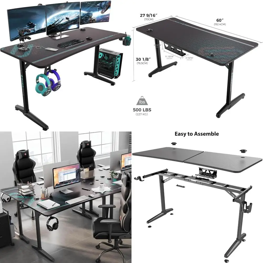 Escritorio para juegos ergonómico curvo 60 con alfombrilla para ratón incorporada, escritorio de oficina espacioso para configuración de monitor triple y portavasos