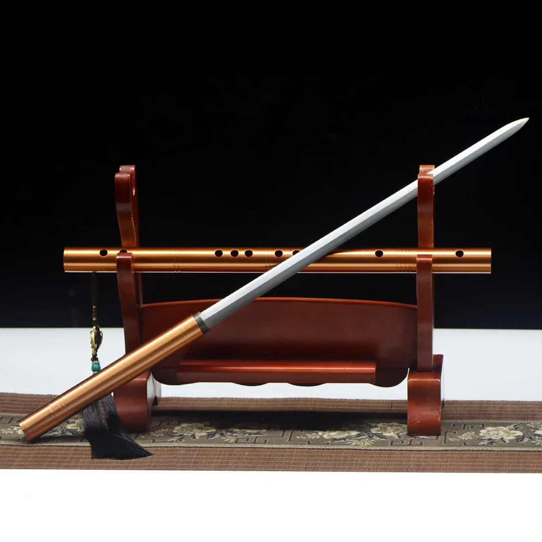 Very Beautiful Red Copper Carved Flute Sword Forged Damascus Steel Blade Can Playing Tool
