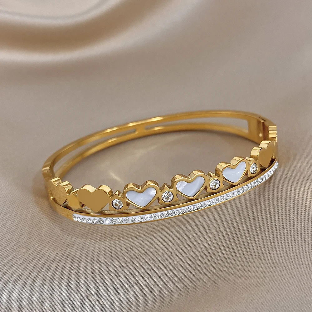 

Freetry Classic Heart Splicing Rhinestone Stainless Steel Bangle for Women Hollow Waterproof Spring Bracelet Daily Jewelry Gift