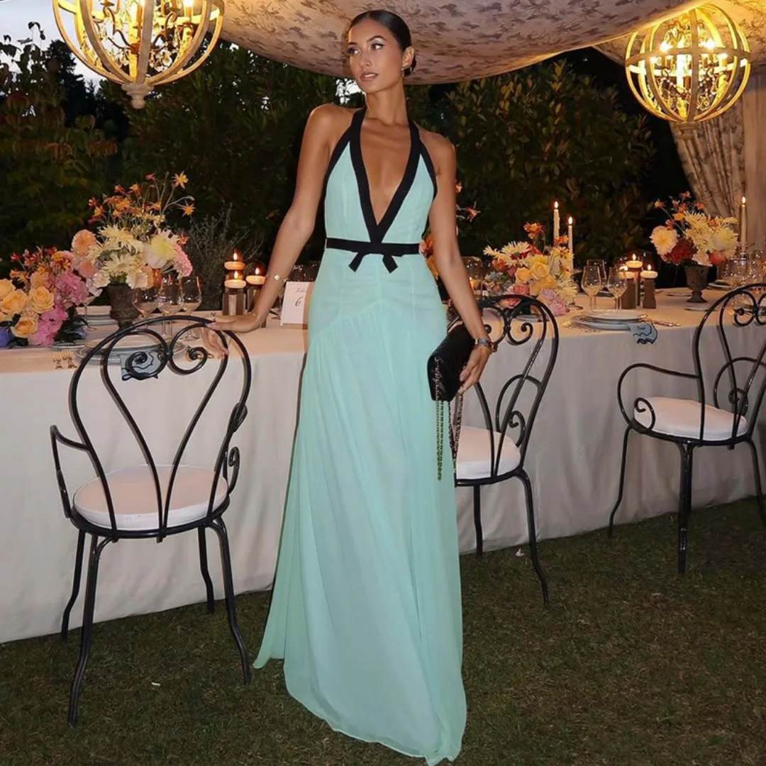 

Mint Green Halter V Neck Evening Dresses Backless Pleated Maxi Gown Chic Party Dress Customized Elegant Vestidos