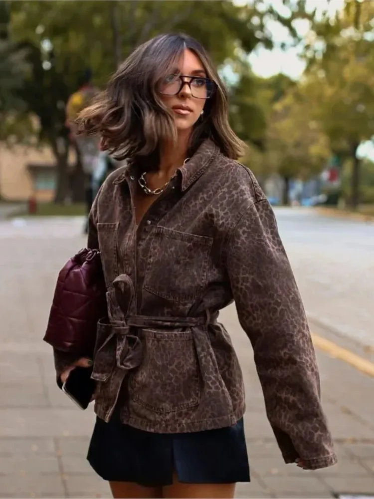 جديد الخريف الشتاء المرأة عادية ليوبارد طباعة التلبيب حزام كم طويل سترة معطف ، سيدة خمر ملابس خارجية فضفاضة ، شارع العليا القمم