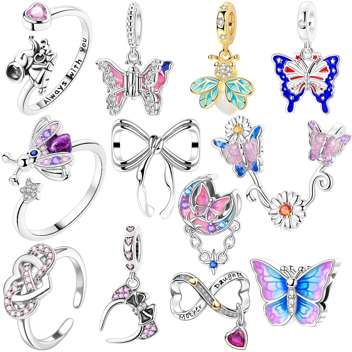 

Original 925 Sterling Silver Colorful Butterfly Charm Bow Tie Heart Beads Charms Open Ring for DIY Bracelet Necklace Women Gift