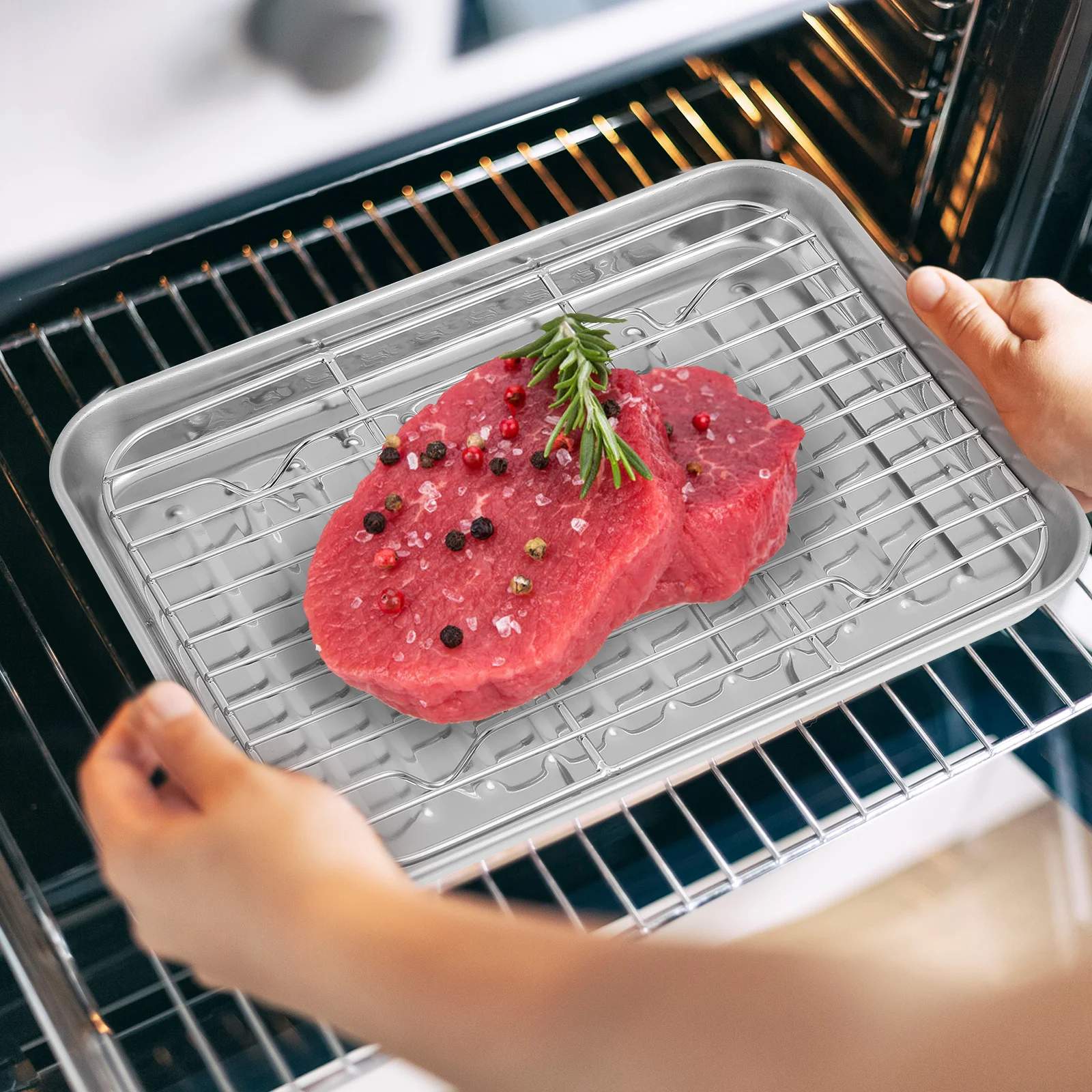 

2 Sets Stainless Steel Sheet Large Capacity Non Stick ROASTING TRAY Oven Grill Pan Cooling Rack Meat Tray Wire Rack Pizza Pan