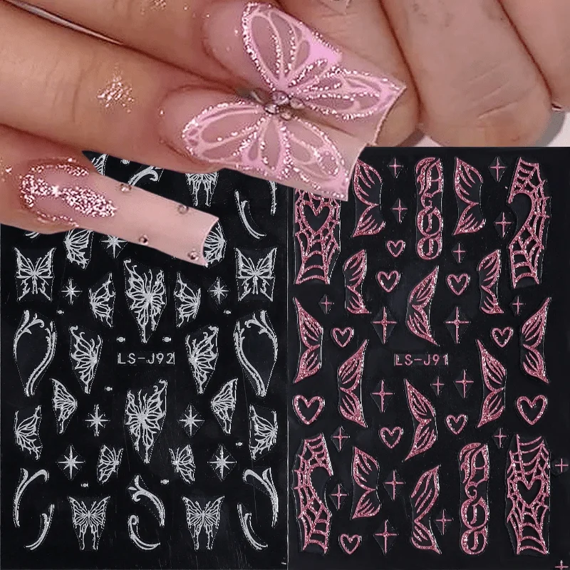 Set mit 2 glitzernden Nagelaufklebern mit rosa und weißen reflektierenden französischen Spitzen, Flammendesigns, Schmetterlingsmotiven und Blumenmuster