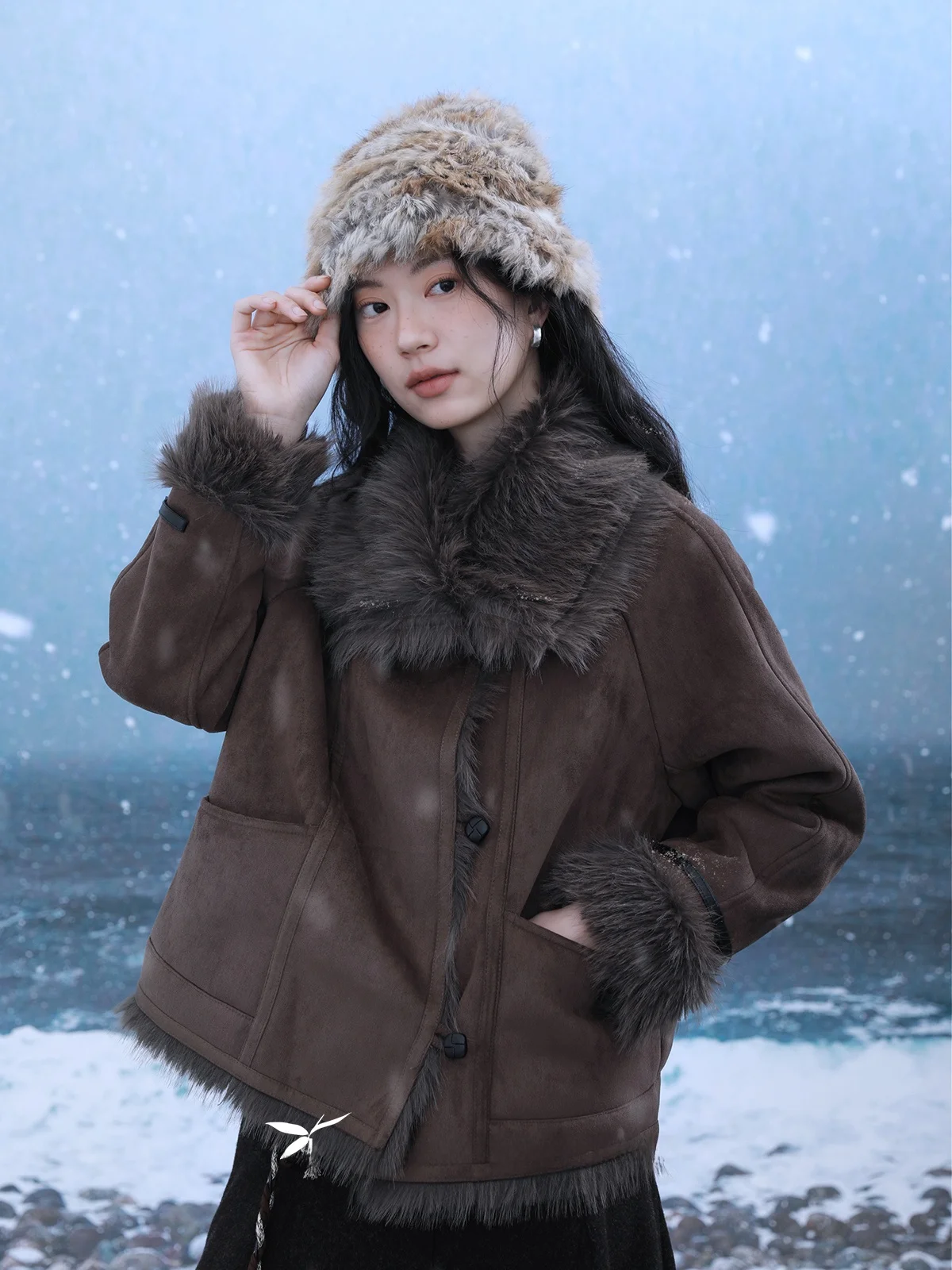 

INGKO round Collar Velvet Leather Jaet Women's Retro Sle Long Sve Polyester Fiber Coat for Daily Wear B5D665W