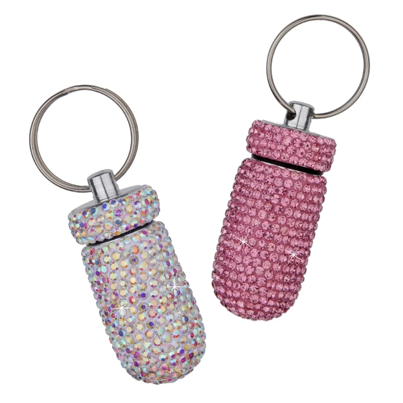 Sparkling Rhinestones Tablet Dispenser Keychain Pocket Sized Charm for Daily Use