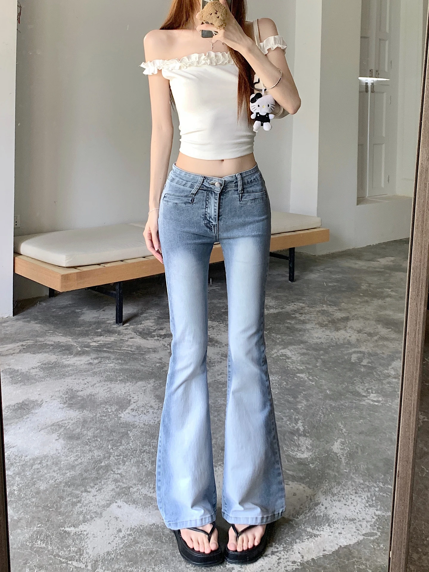 Light Blue Vintage Washed Distressed Flare Denim Jeans Women's Summer Spicy Low Waist Elastic Close Fitting Hip-lifting Trousers