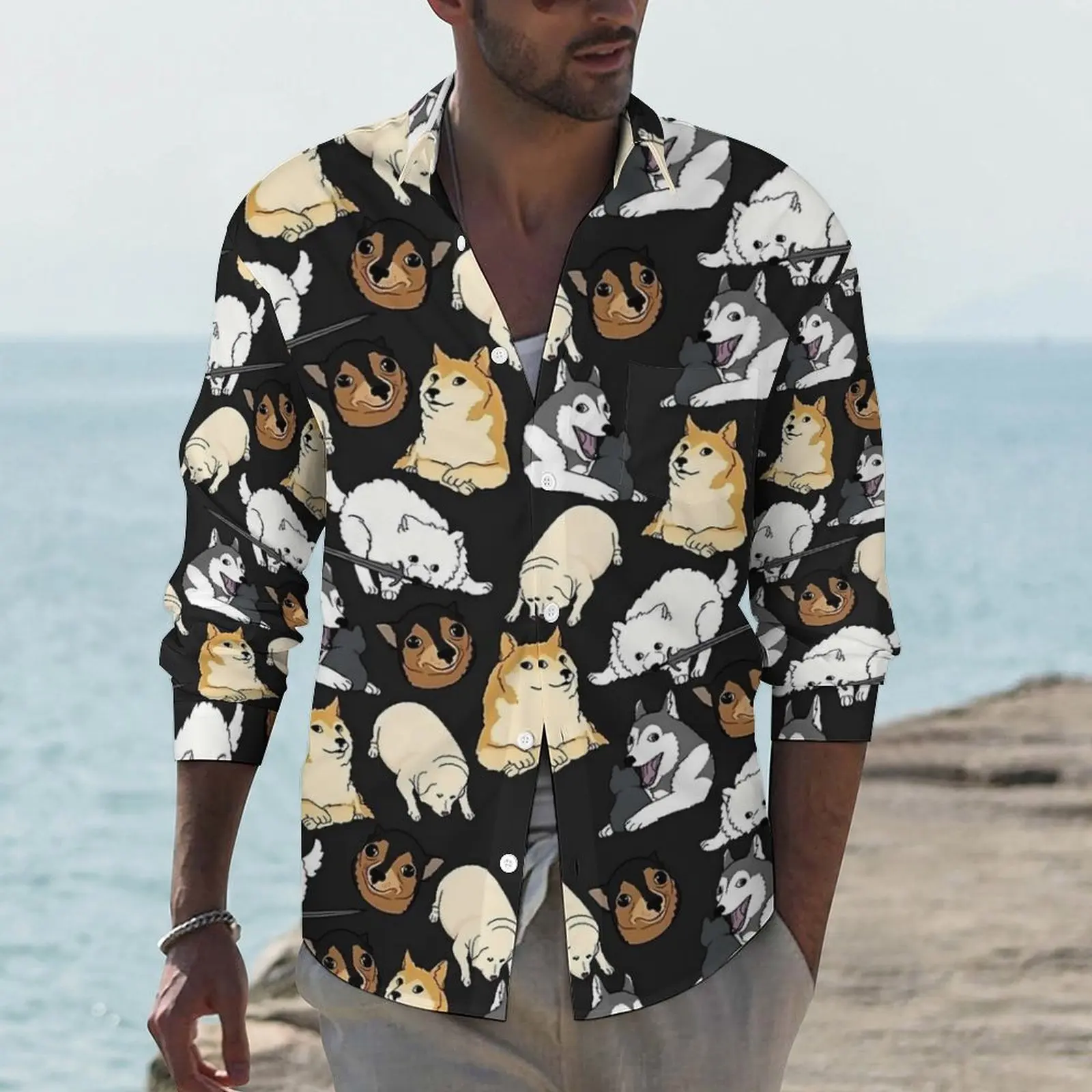 

Cartoon Shiba Inu Shirt Man XMeme Doggo Casual Shirts Spring Funny Custom Blouses Long Sleeve Vintage Oversize Clothes Gift