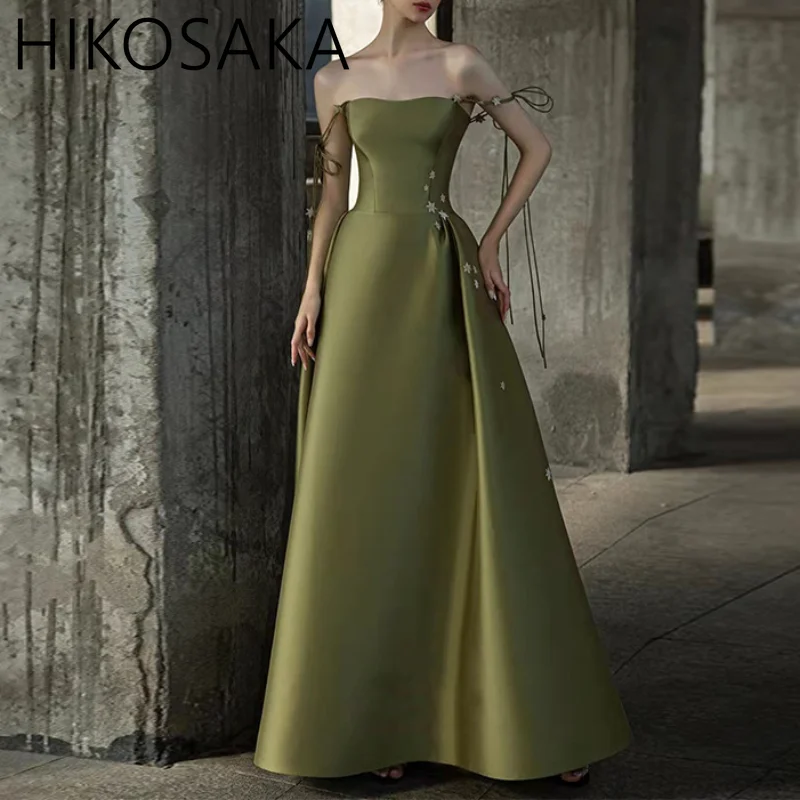 Customized Elegant Strapless A-line Olive Green Evening Dress Vintage Spaghetti Strap Boat Neck Pleat Satin Party Prom Gown Quin