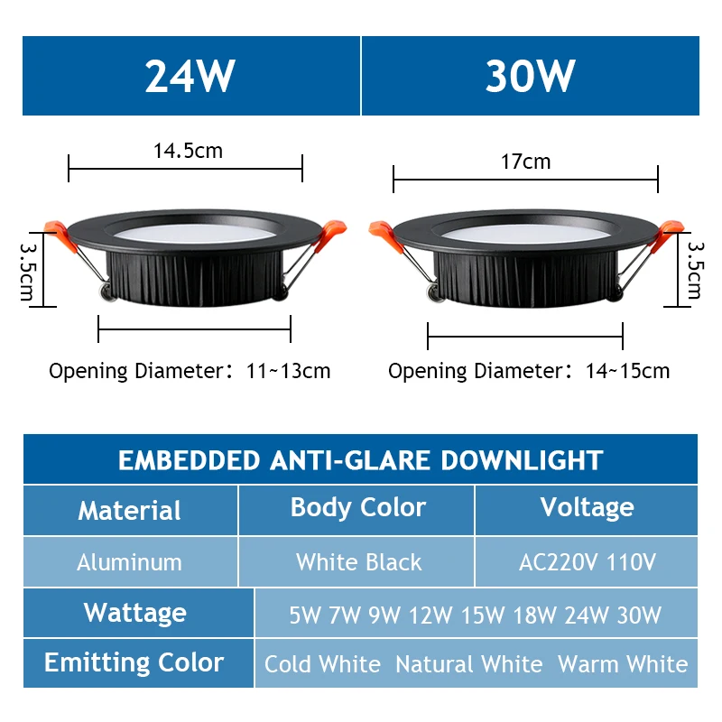 LED Downlight 110V 200-240V Spot 5W 7W 9W 12W 15W 18W 24W Recessed in LED Ceiling Downlights Light Warm white Lamp 220V 230V