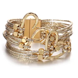 ALLYES Elegant Big Heart Braided Leather Bracelet for Women Trendy Glitter Filled Slim Strips Bracelets & Bangle Party Jewelry
