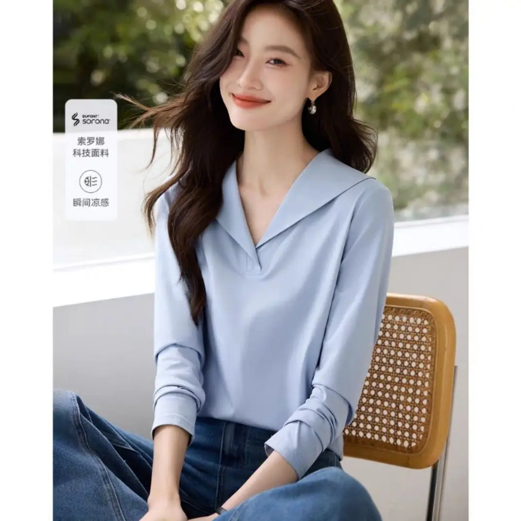 

Casual and Fashionable Navy Collar Long Sleeved T-shirt Versatile Women's T-shirt