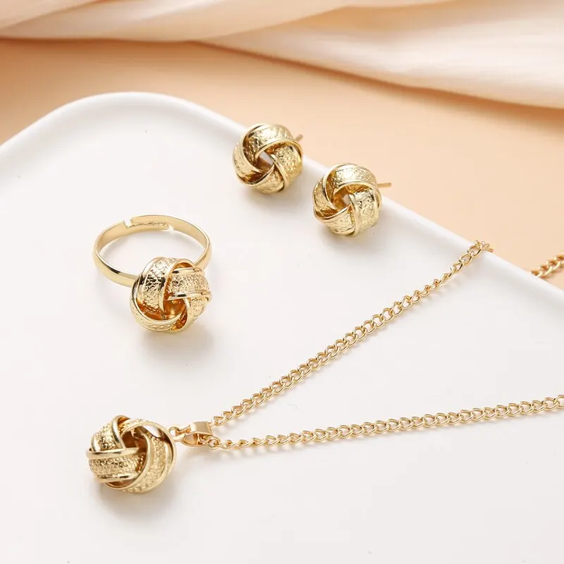 Gold-Color Ball Shape Jewelry Sets Copper Trendy Fashion Style Adjustable Chain Rings Necklace For Woman On Party Wedding