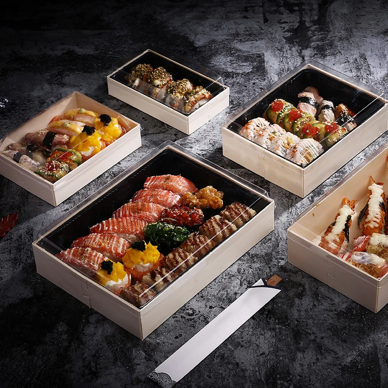 Wrapping Box Food Tray Transparent Packing Wooden One-Time Dessert Square Container Eco-Friendly Sushi Dish 10pcs