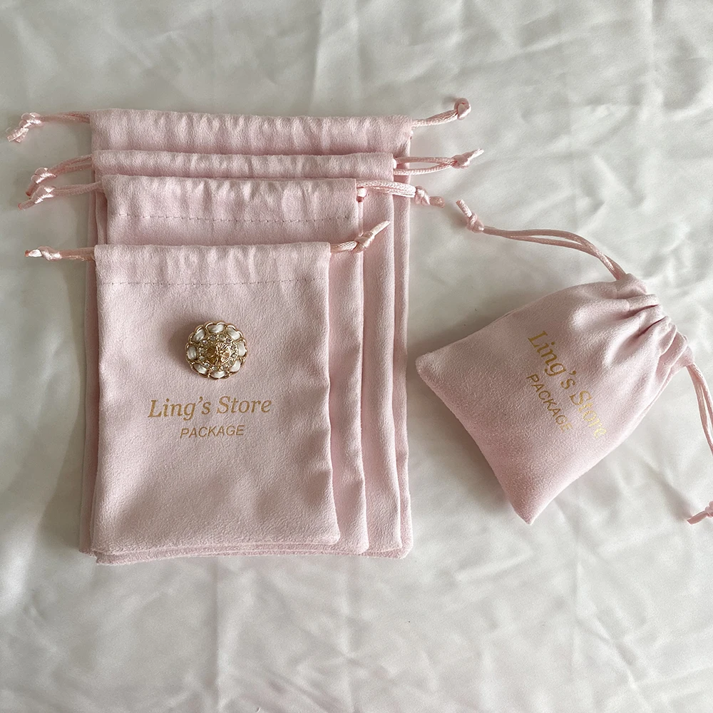

50pcs Custom Logo Pink Jewelry Drawstring Flannel Bag Velvet Packaging Pouches Wedding Candy Newborn Gift Cloth Organizer Pocket