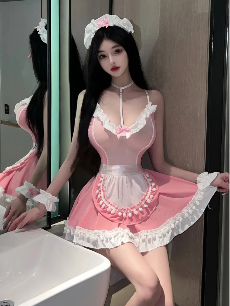 

Сексуальное платье, милый комплект униформы для горничной, чистое желание, сексуальная горничная, искушение, открытая спина, с запахом на груди, прозрачные подтяжки без рукавов 9XU3