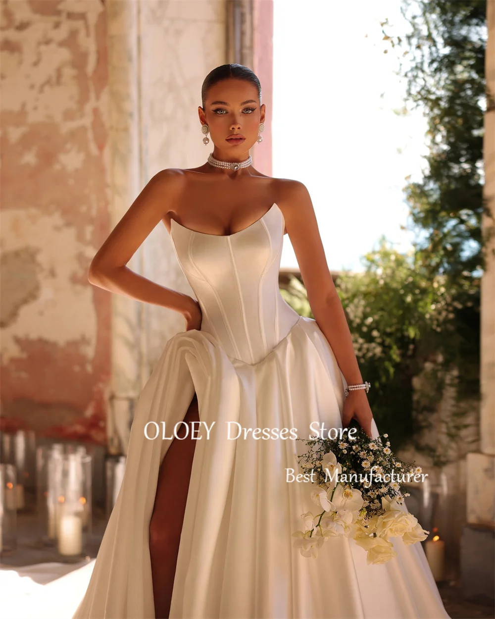 OLOEY Elegant A Line Wedding Dress Sleeveless Long Bridal Gown Side Slit Scoop Neck Corset Zip Back Pleats Satin Custom Made