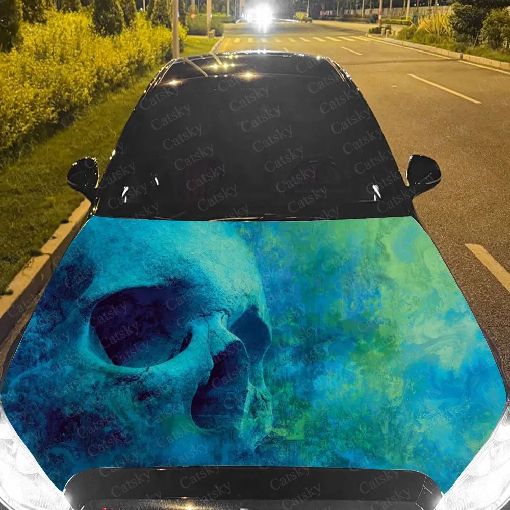 Car Decal Blue-Green Skull with Misty Textural Artistic Fusion Design, Creating a Mysterious and Surreal-Gothic Visual Car Hood