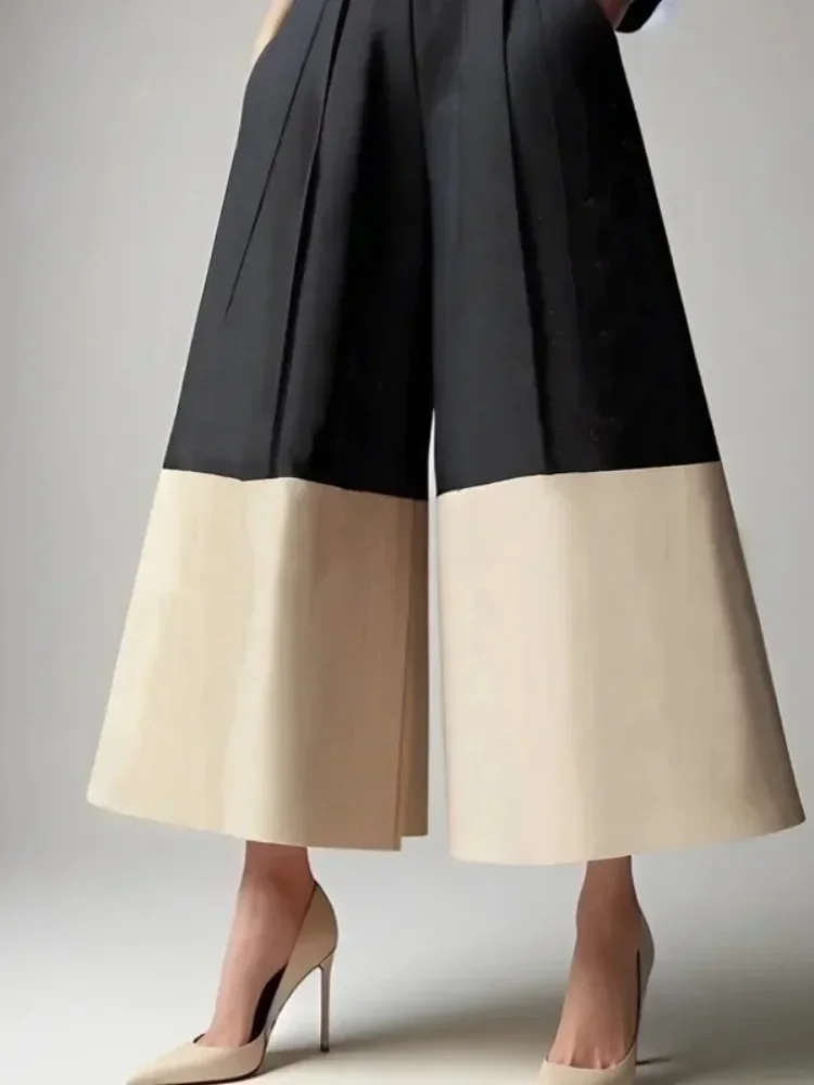 Urban Female Stylish Contrast Color Pockets Wide Leg Pants  New Trendy Elastic High Waisted Casual Trousers No Belt