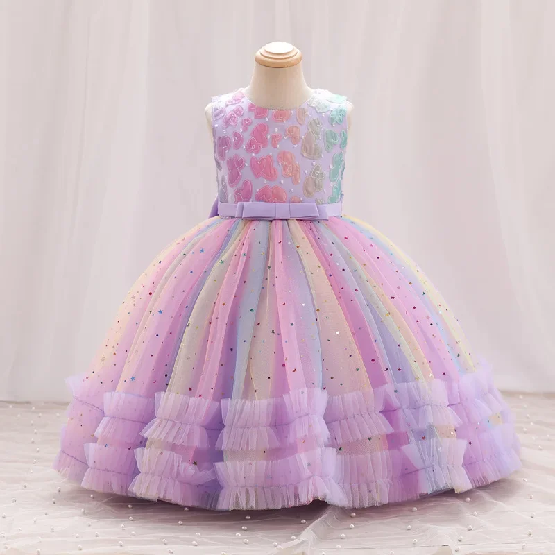 Rainbow Tulle Princess Ball Gown for Girls with Heart Appliques Dots & Pearl Detailing Kids Holiday Dress 1-10 Years
