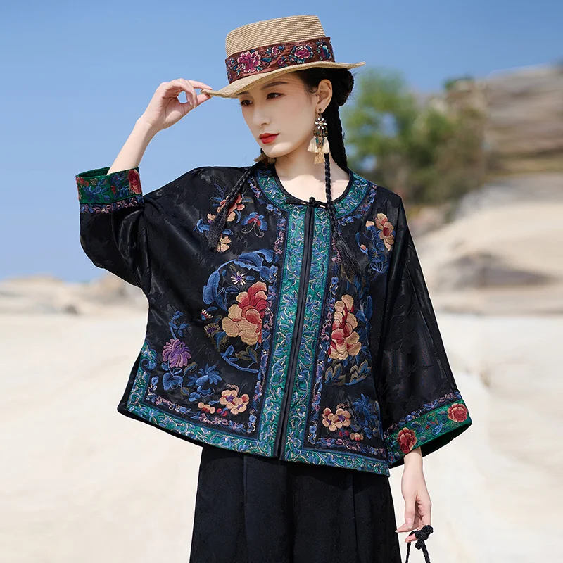 Elegant Embroidered Short Women's Open Cardigan Silk Worker Style Spring Autumn Fashion Multi-functional Outerwear
