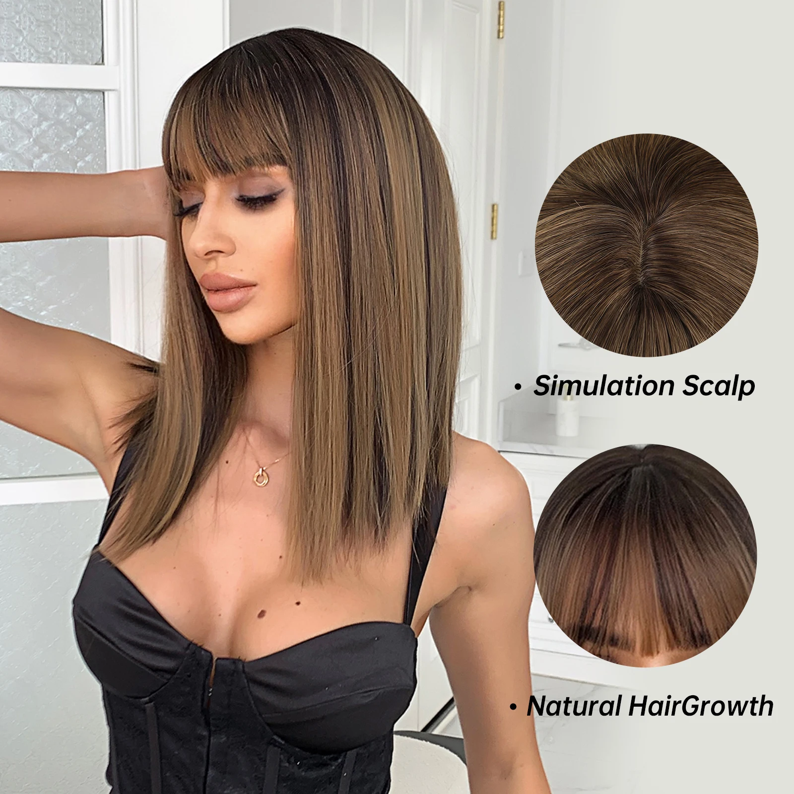 ALAN EATON Bob Medium Length Straight Bangs Wigs for Women Brown Blonde Mixed Synthetic Wigs Daily Cosplay Use Heat Resistant