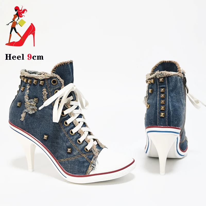 Denim Women Boots Design Stiletto 9CM High Heel Shoes Fashion Lady Lace up Pointed Ankle Boots Sexy High-heeled Thin Heel Shoes