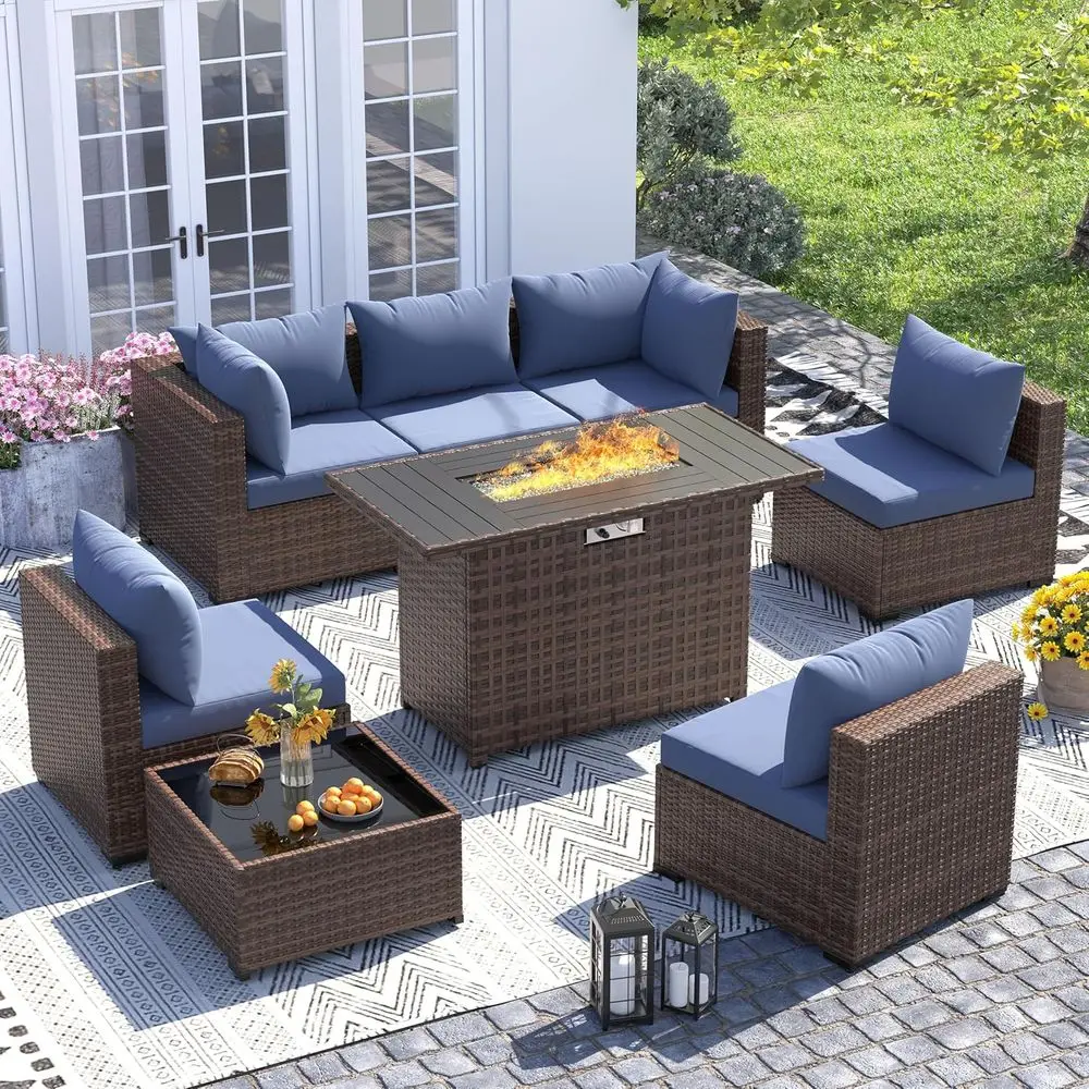 

urniture Set with ire Pit Table, 8 Piece Sectional Soas, All-Weather Wicker Contion or Garden, Backyard, Navy Blue