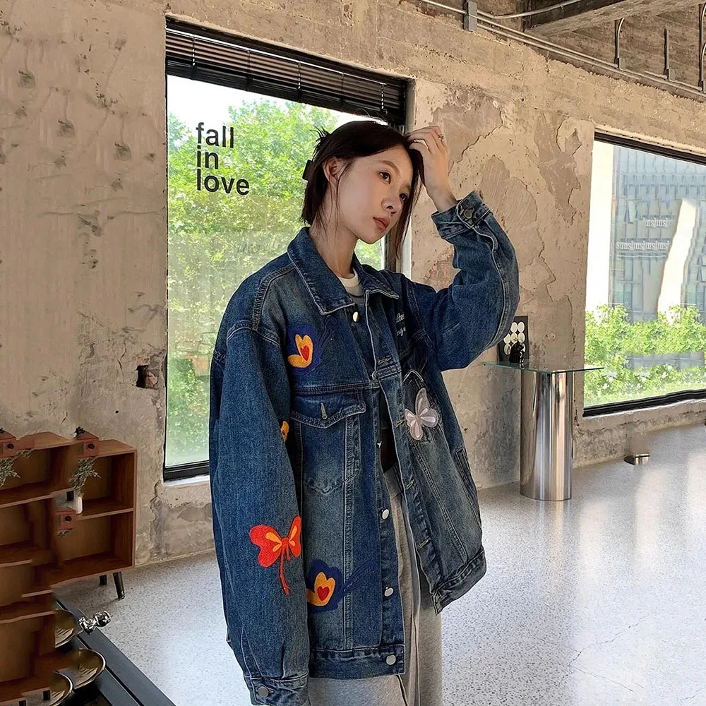 Streetwear Butterfly Embroidery Denim Coats Women Vintage Fashion Loose Casual Jeans Jacket Cowboy Motorcycle Outerwears Tops