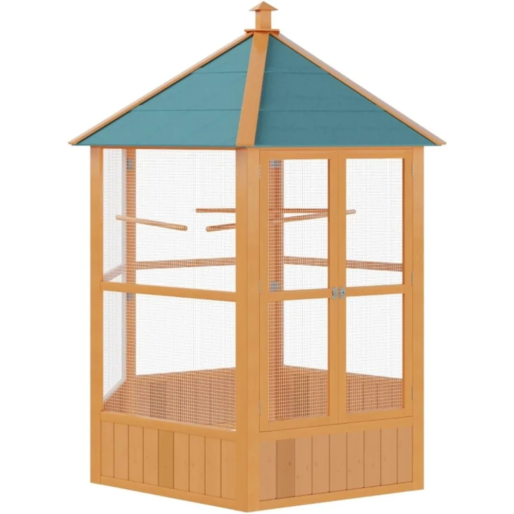 

59" Large Wooden Hexagonal Outdoor Aviary Flight Bird Cage with Covered Roof, Green