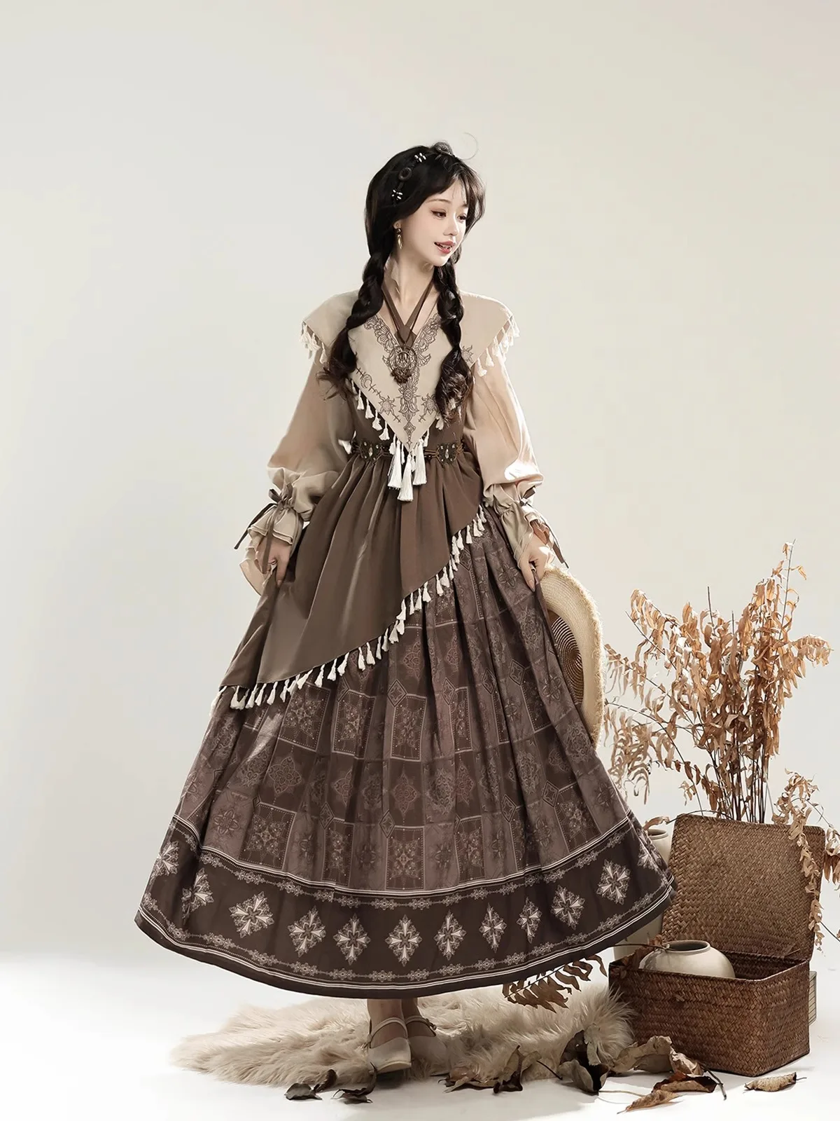 

Женское длинное платье цвета хаки Hanfu, повседневный комплект платьев Han Element с длинными рукавами, весенне-осеннее платье принцессы (комплект из 2 предметов)