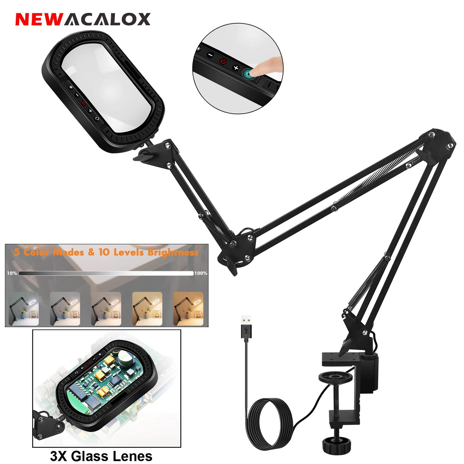 Rectangle 3X Illuminated Magnifier with Folding Flexible Arm LED Desk Lamp Magnifying Glass for DIY Soldering Repair Close Work