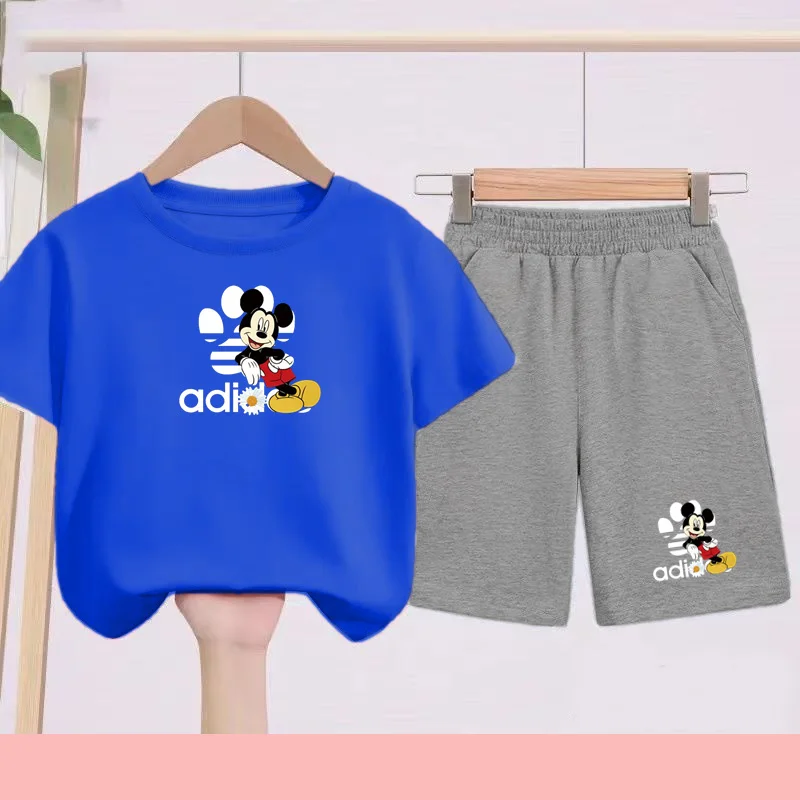 

Летняя футболка с рисунком Диснея Микки для маленьких мальчиков + шорты, комплект из двух предметов, комплект одежды, детский комплект для отдыха с короткими рукавами и круглым вырезом для малышей