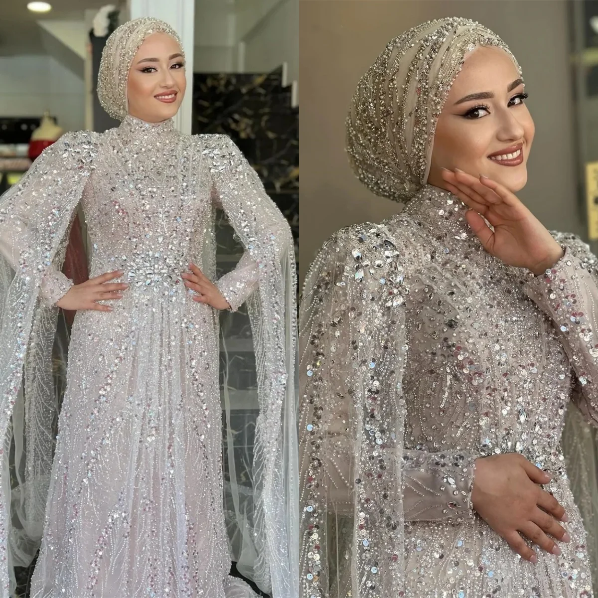 Muslim High Neck Wedding Dresses Sequins Pearls Bridal Gowns with Cape Crystal Long Sleeves Customized Bride Vestidos De Novia