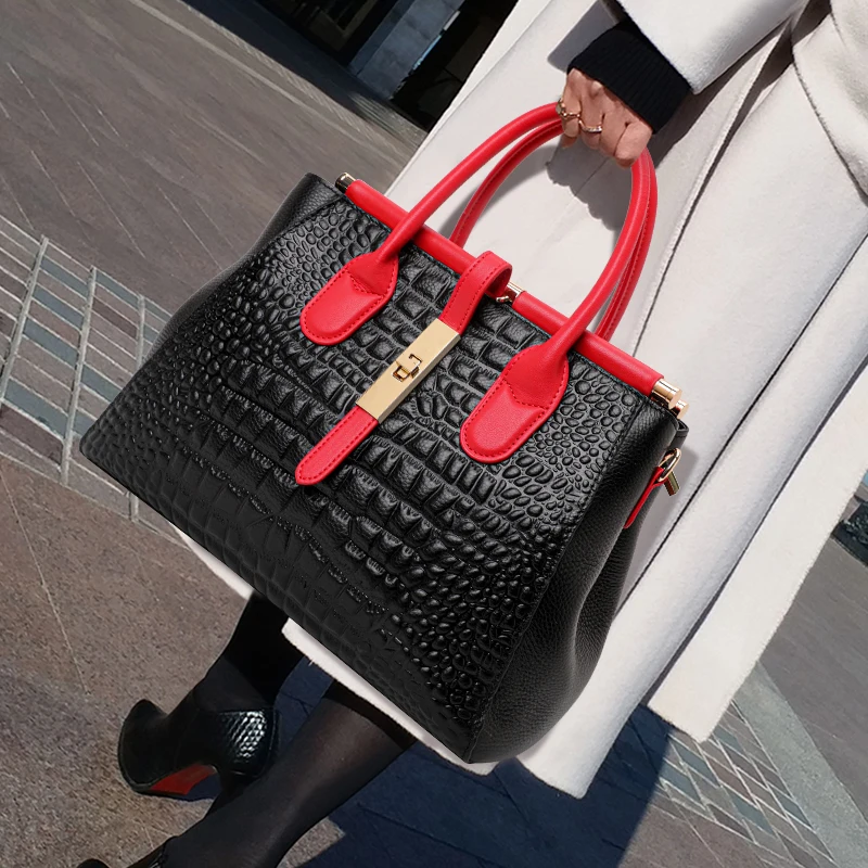Genuine leather contrasting color bag for women\'s large capacity handbag 2024 new single shoulder middle-aged mom bag tote bag