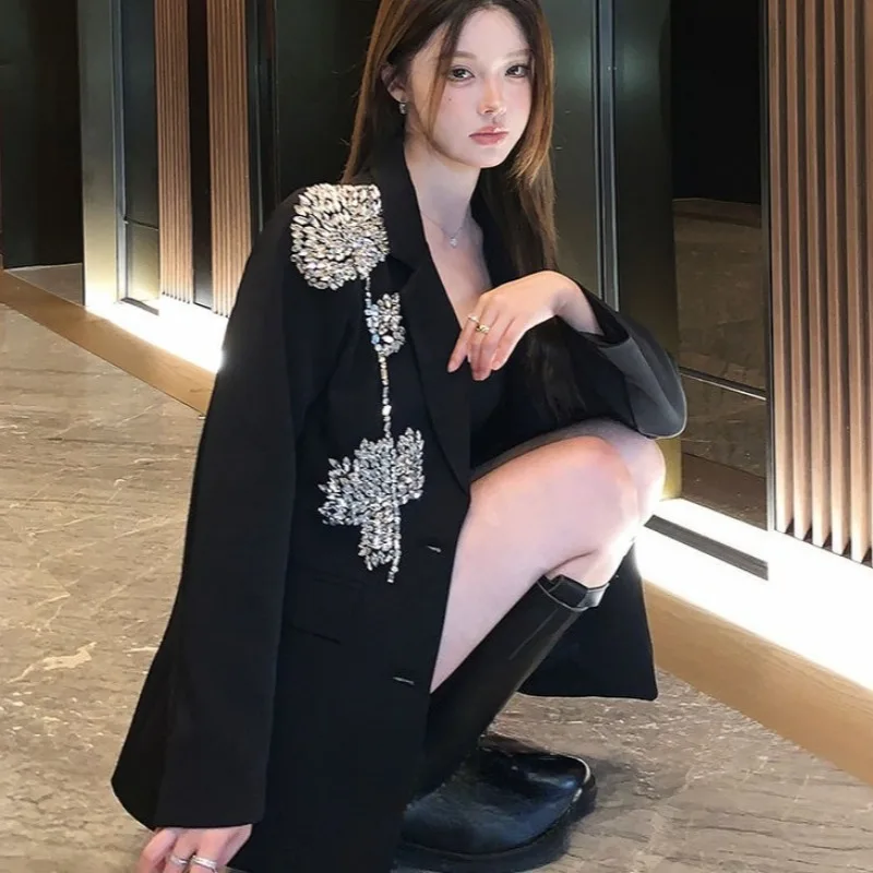 

Vintage Black Flower Mid-length Coat Women Y2k Long Sleeve Loose Jackets 2025 New Notched Collar Tops Mujer Blazers