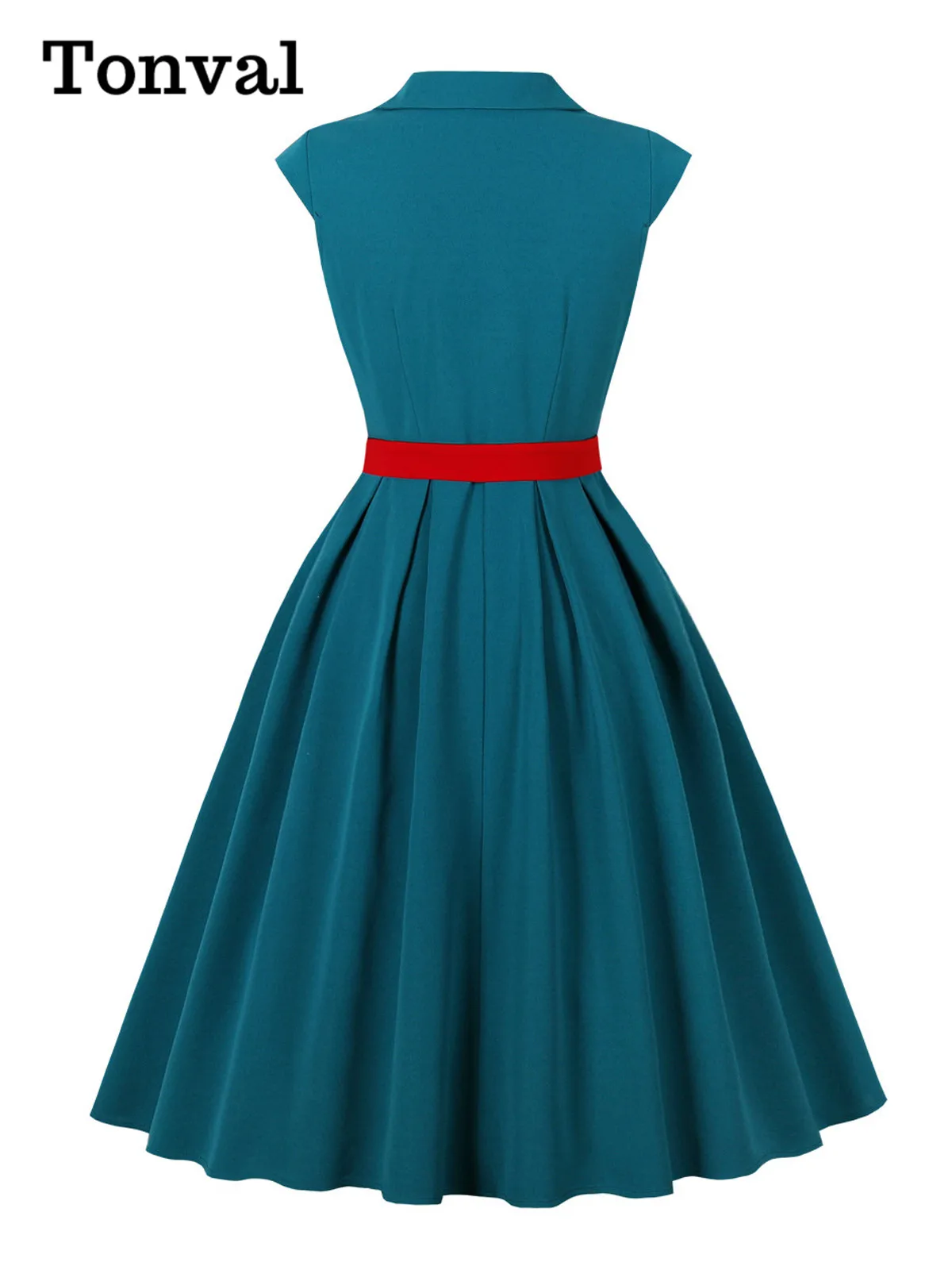 Tonval Notched Collar Cap Sleeve A-Line Summer Long Dress 2025 Women Plain Vintage Button-Up Peacock Blue Dresses with Red Belt