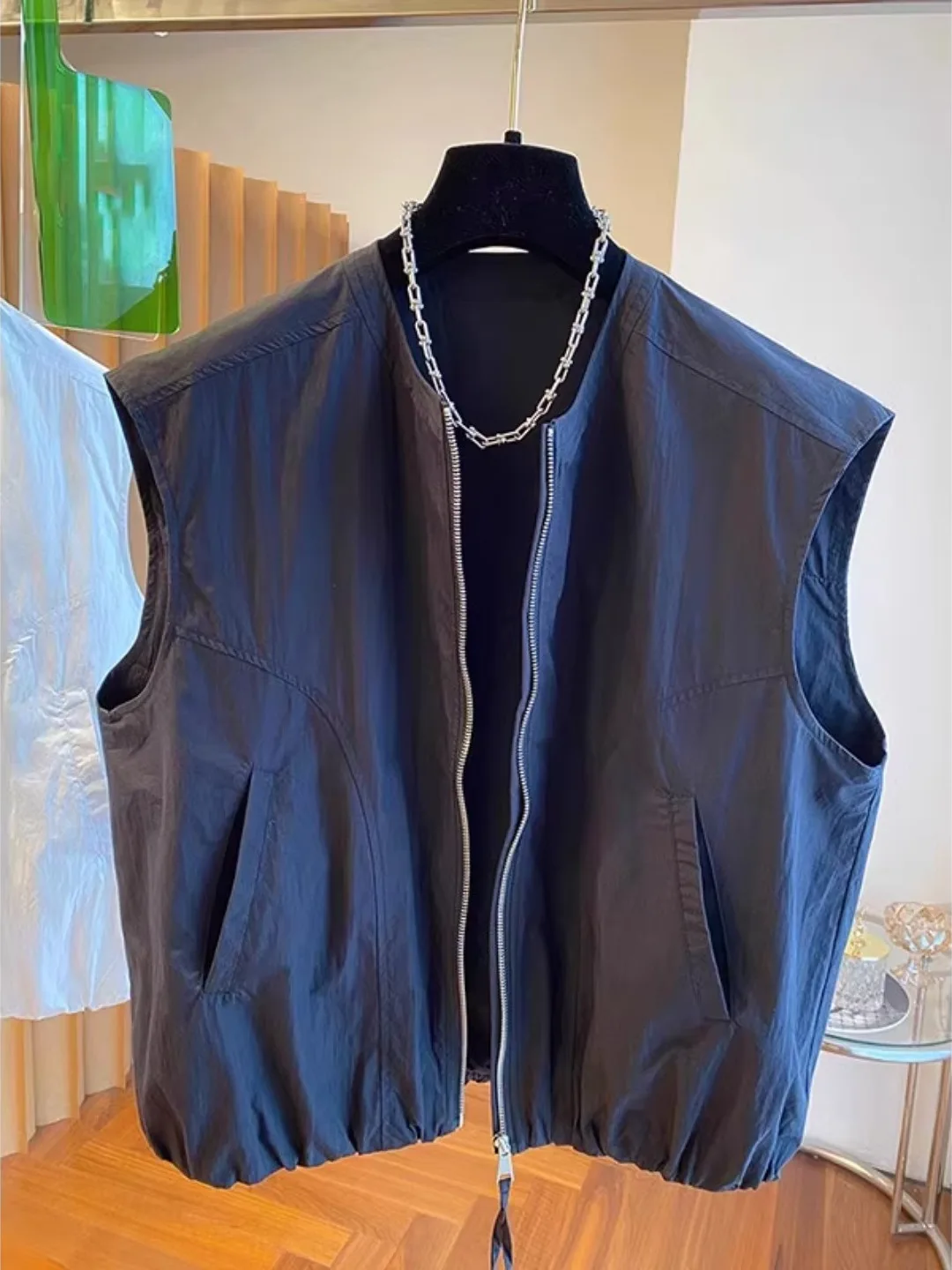 Women's Workwear Zipper Vest Jaet Summer High-End Loose Layering Svel oulder Pad round Ne Tank Top