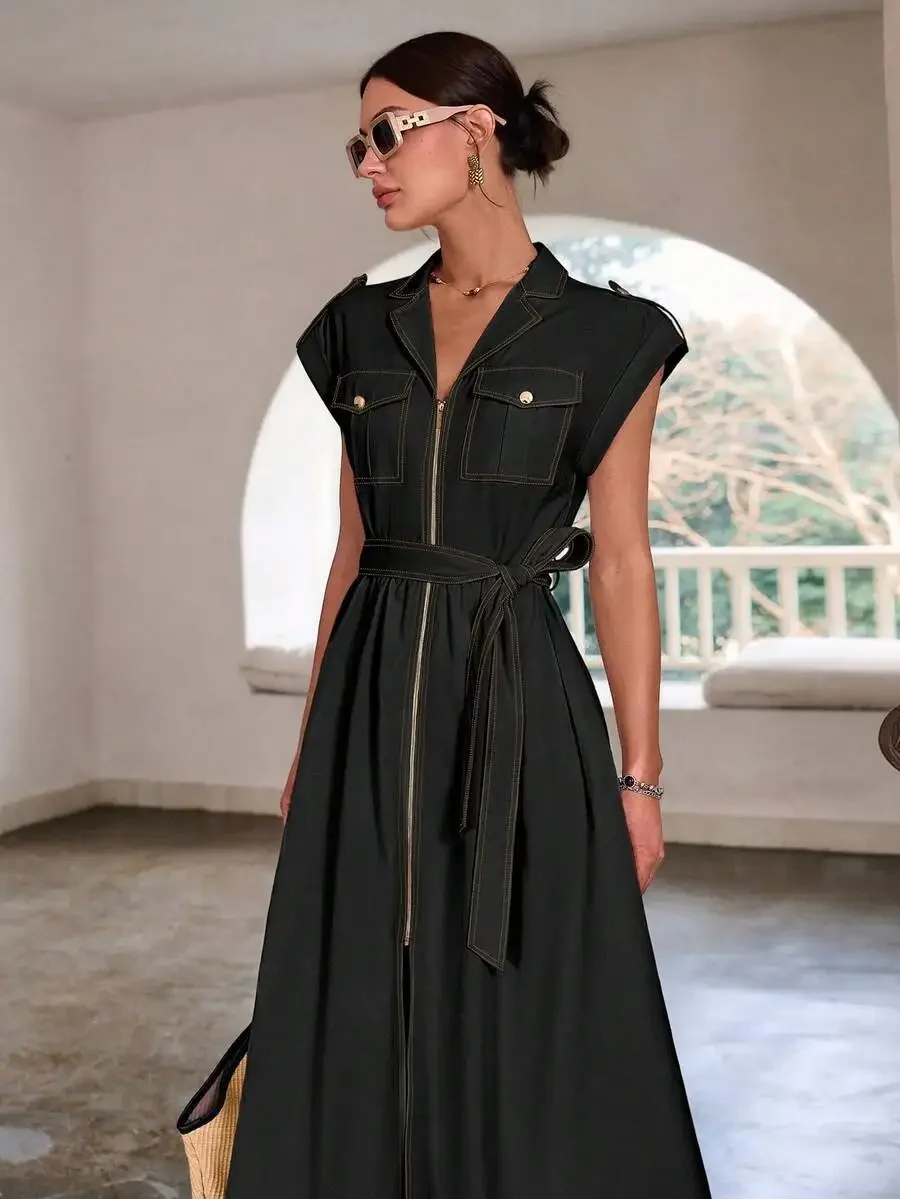 

Womens Spring Summer Zipper Pocket Long Dress Retro Style Office Wear Black