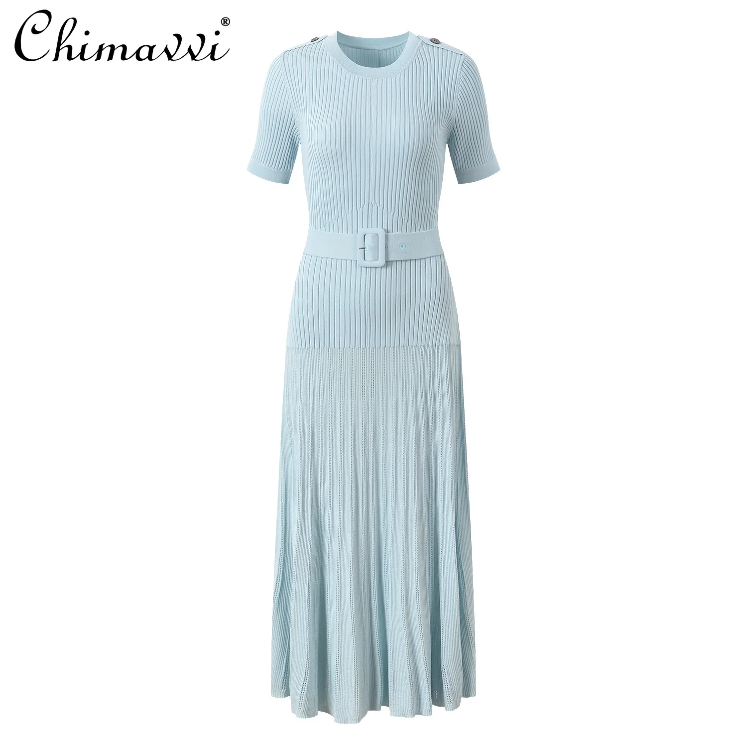 

2025 Spring and Summer New Fashion Elegant Slim-fit Round Neck Short-sleeved Knitted Dress with Belt High-end Women's Long Dress